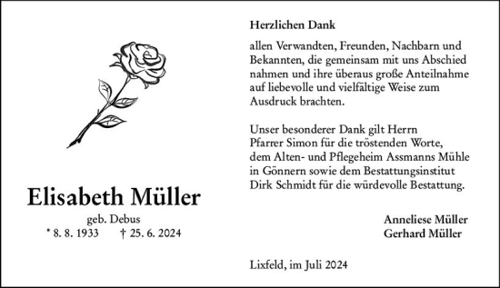 Traueranzeige von Elisabeth Müller von Hinterländer Anzeiger