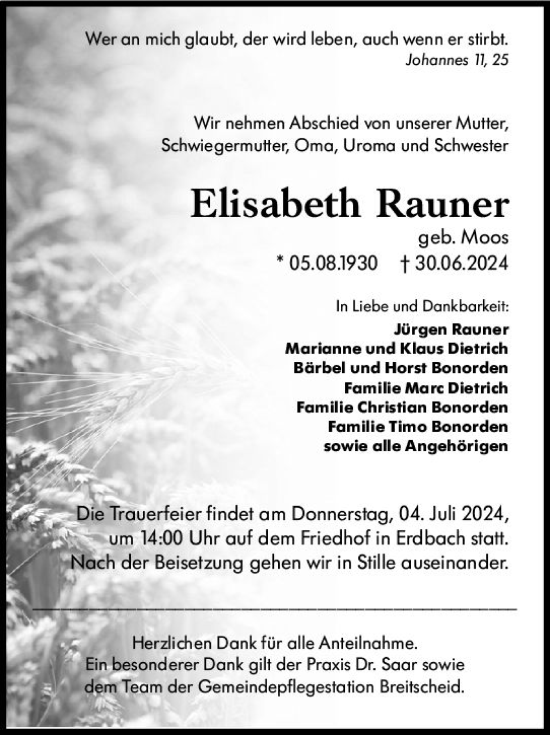 Traueranzeige von Elisabeth Rauner von Dill Block