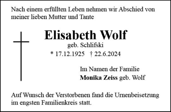 Traueranzeige von Elisabeth Wolf von Rüsselsheimer Echo