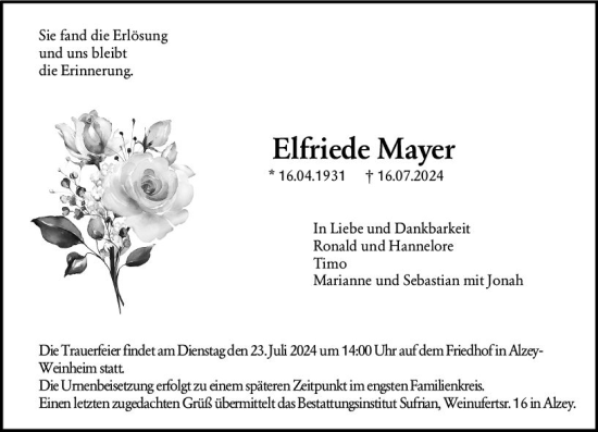 Traueranzeige von Elisabetha Mayer von Allgemeine Zeitung Alzey
