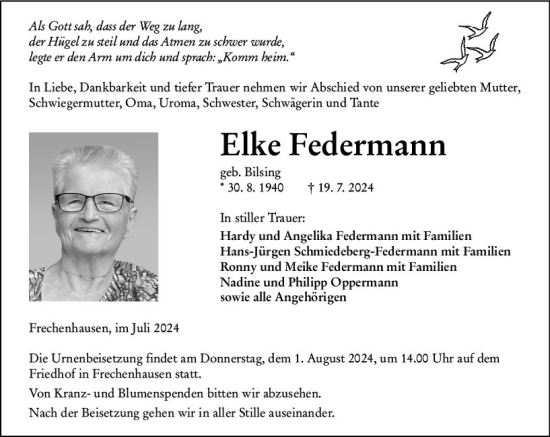 Traueranzeige von Elke Federmann von Hinterländer Anzeiger