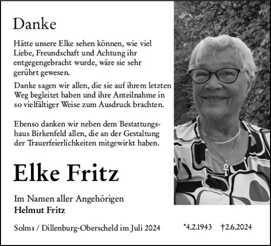 Traueranzeige von Elke Fritz von Dill Block