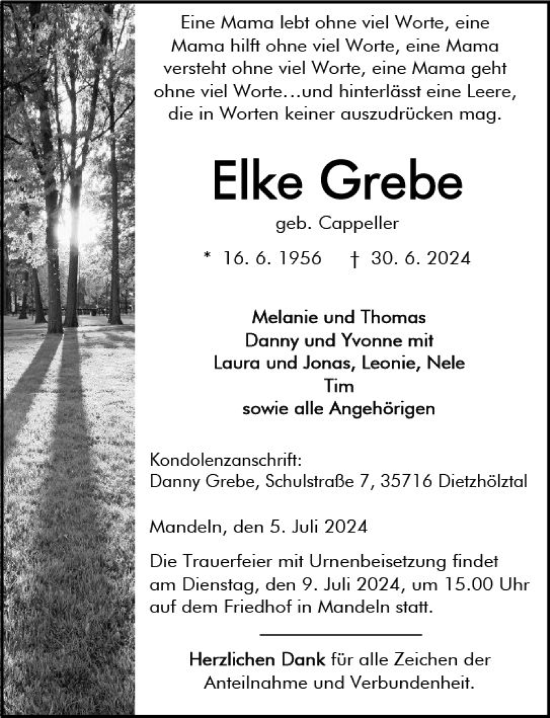 Traueranzeige von Elke Grebe von Dill Block
