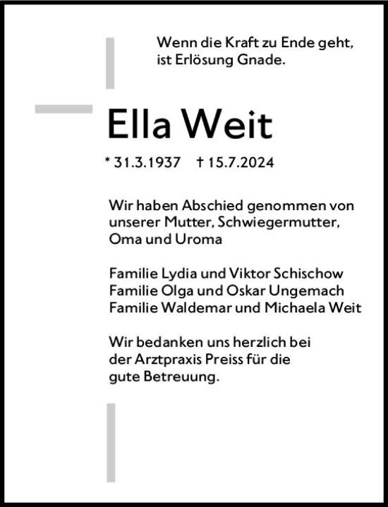 Traueranzeige von Ella Weit von Wetzlarer Neue Zeitung