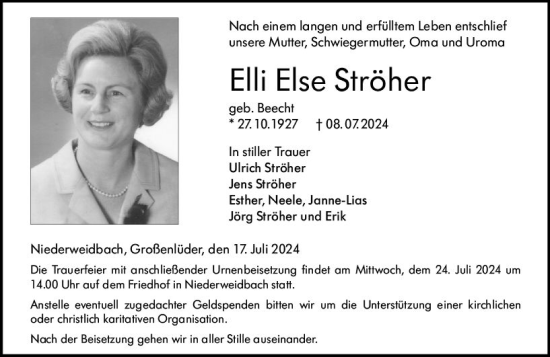 Traueranzeige von Elli Else Ströher von Wetzlarer Neue Zeitung