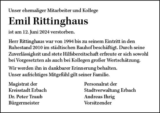 Traueranzeige von Emil Rittinghaus von Odenwälder Echo