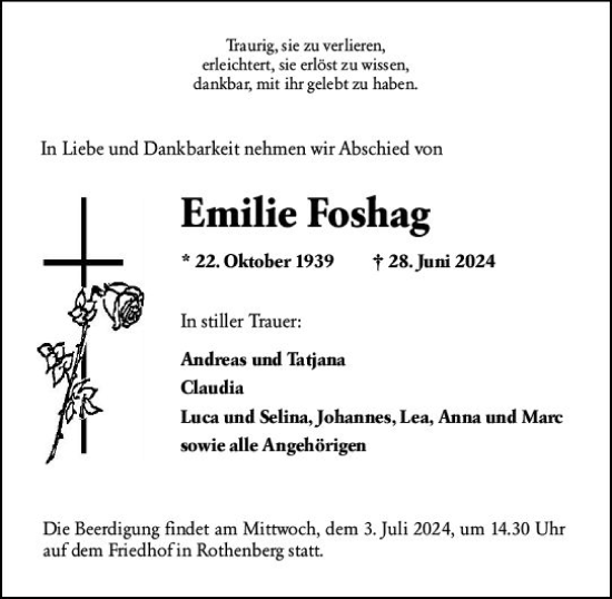 Traueranzeige von Emilie Foshag von Odenwälder Echo