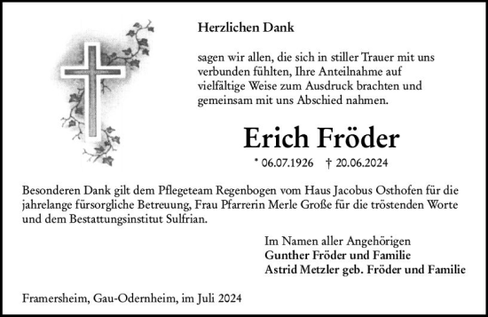 Traueranzeige von Erich Fröder von Allgemeine Zeitung Alzey
