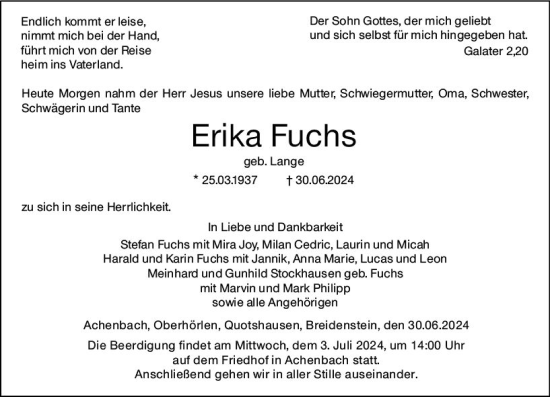 Traueranzeige von Erika Fuchs von Hinterländer Anzeiger