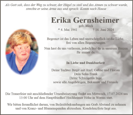 Traueranzeige von Erika Gernsheimer von Wormser Zeitung