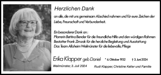 Traueranzeige von Erika Klapper von Weilburger Tageblatt