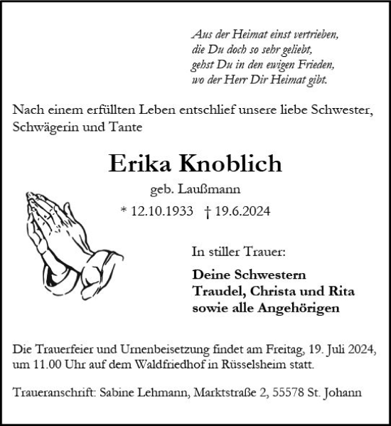 Traueranzeige von Erika Knoblich von Rüsselsheimer Echo