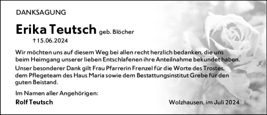 Traueranzeige von Erika Teutsch von Hinterländer Anzeiger