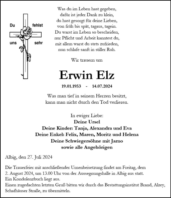Traueranzeige von Erwin Elz von Allgemeine Zeitung Alzey