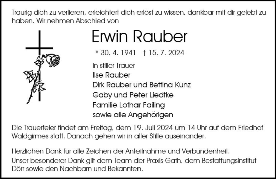 Traueranzeige von Erwin Rauber von Wetzlarer Neue Zeitung