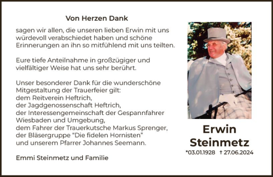Traueranzeige von Erwin Steinmetz von Wiesbadener Kurier