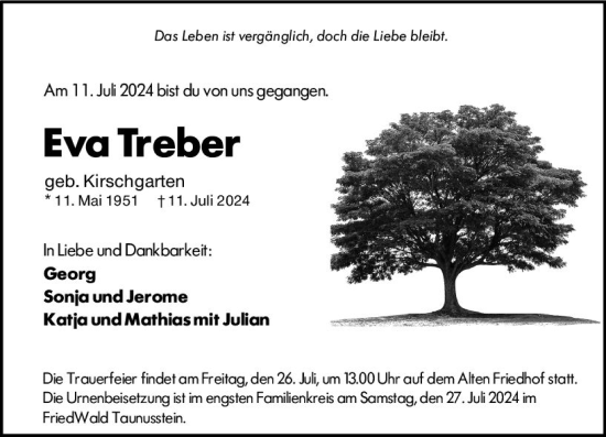 Traueranzeige von Eva Treber von Hochheimer Zeitung
