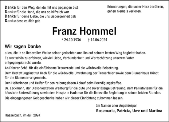 Traueranzeige von Franz Hommel von Weilburger Tageblatt