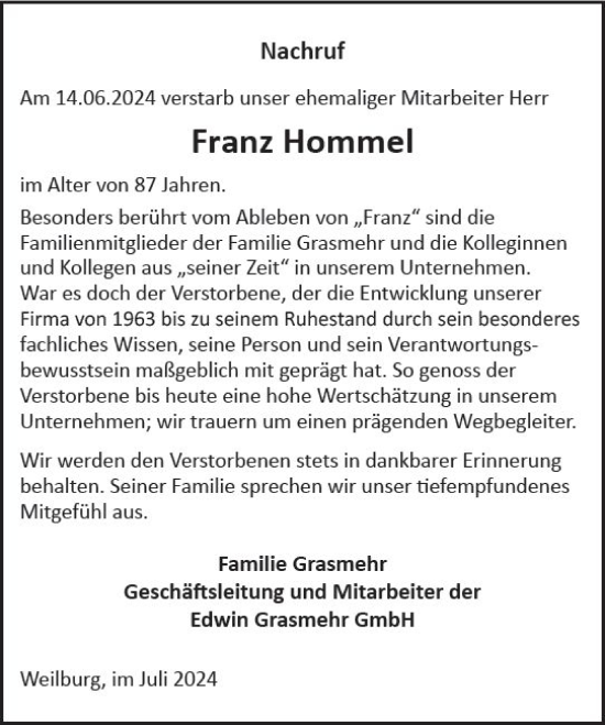 Traueranzeige von Franz Hommel von Weilburger Tageblatt