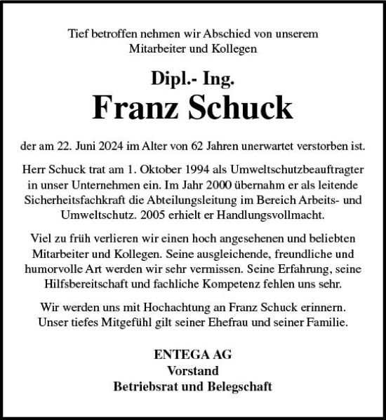 Traueranzeige von Franz Schnuck von Odenwälder Echo