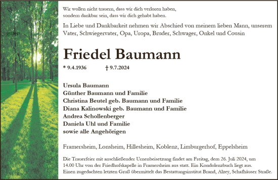 Traueranzeige von Friedel Baumann von Allgemeine Zeitung Alzey