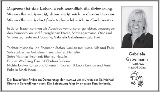 Traueranzeige von Gabriela Gabelmann von Allgemeine Zeitung Rheinhessen-Nahe
