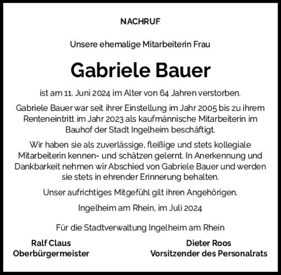 Traueranzeige von Gabriele Bauer von Allgemeine Zeitung Rheinhessen-Nahe