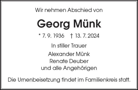 Traueranzeige von Georg Münk von Darmstädter Echo