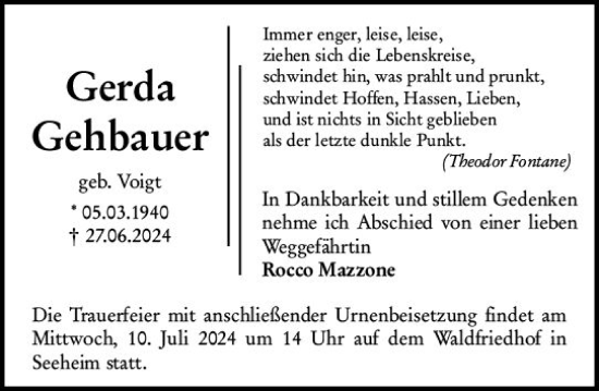 Traueranzeige von Gerda Gehbauer von Darmstädter Echo