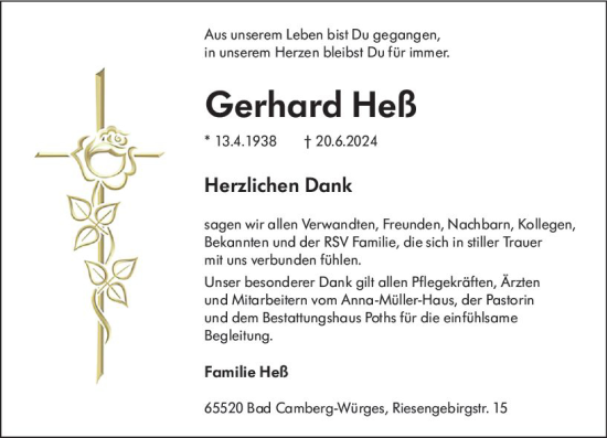 Traueranzeige von Gerhard Heß von Camberger Anzeiger