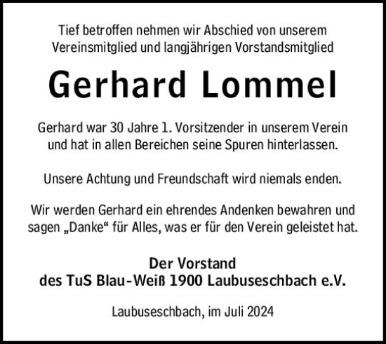 Traueranzeige von Gerhard Lommel von Weilburger Tageblatt