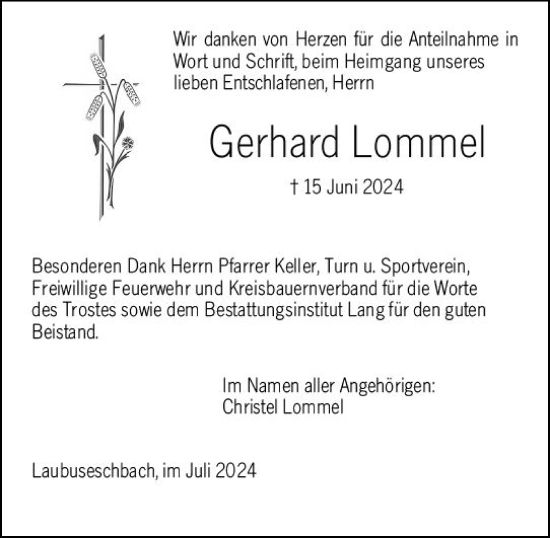 Traueranzeige von Gerhard Lommel von Weilburger Tageblatt