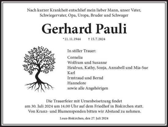 Traueranzeige von Gerhard Pauli von Wetzlarer Neue Zeitung