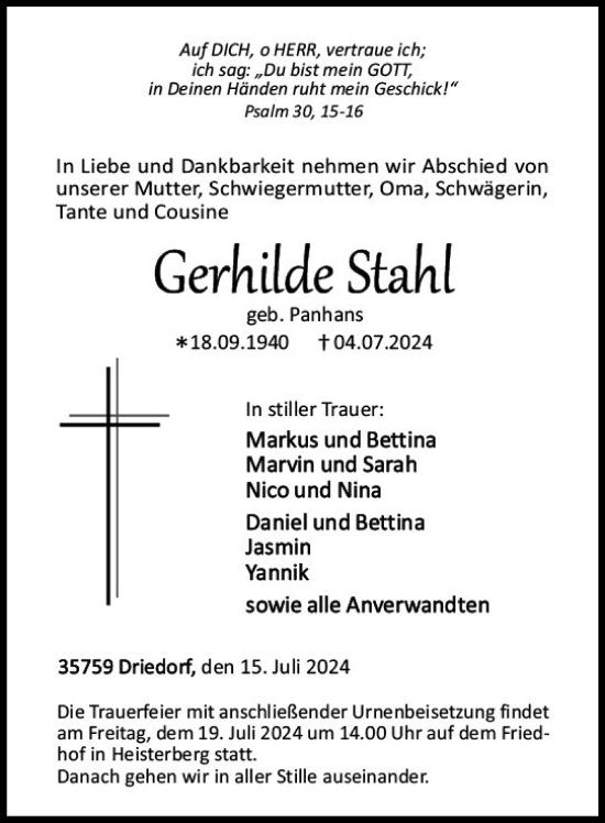 Traueranzeige von Gerhilde Stahl von Dill Block