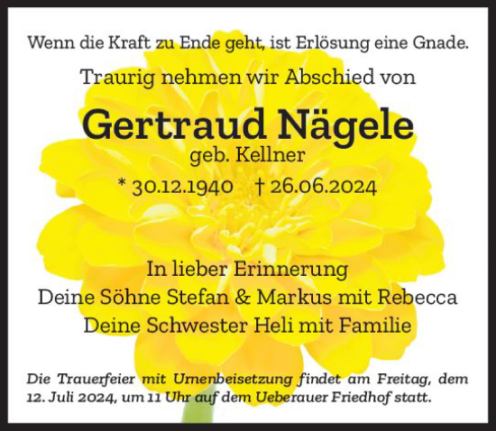 Traueranzeige von Gertraud Nägele von Darmstädter Echo