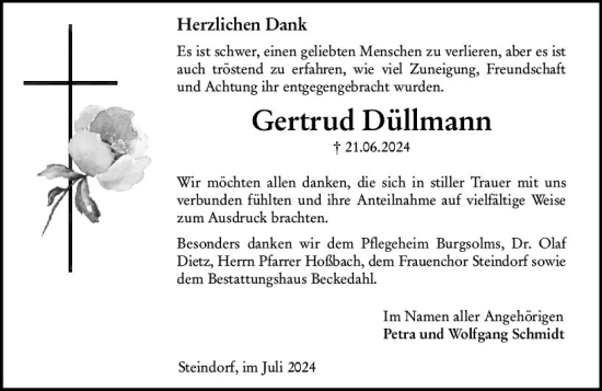 Traueranzeige von Gertrud Düllmann von Wetzlarer Neue Zeitung
