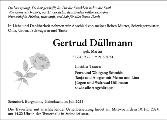 Traueranzeige von Gertrud Düllmann von Wetzlarer Neue Zeitung