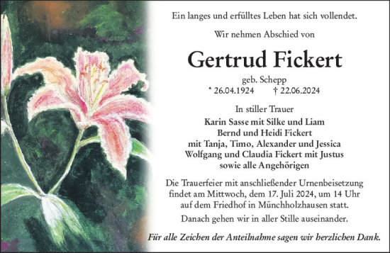 Traueranzeige von Gertrud Fickert von Wetzlarer Neue Zeitung