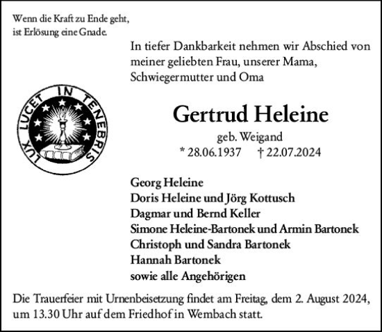 Traueranzeige von Gertrud Heleine von Darmstädter Echo