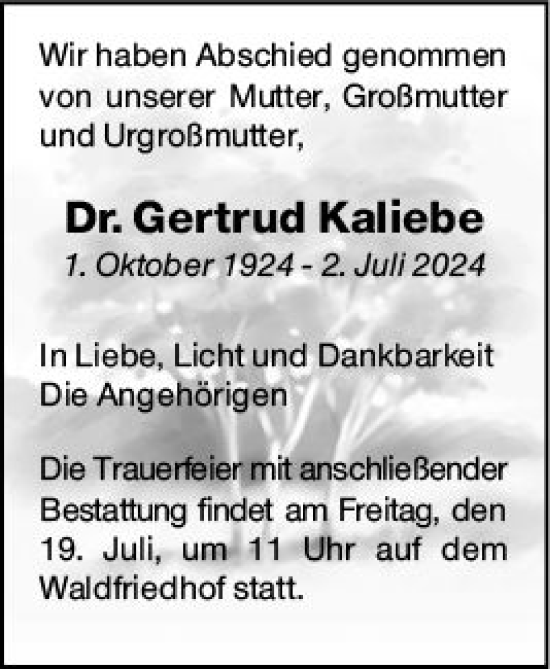 Traueranzeige von Gertrud Kaliehe von Darmstädter Echo