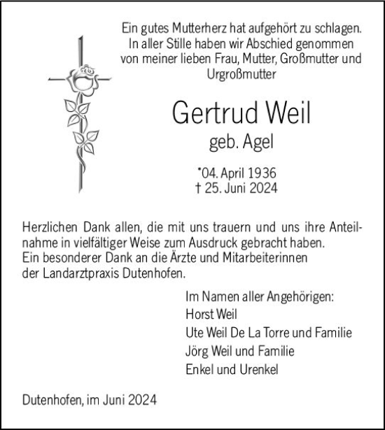 Traueranzeige von Gertrud Weil von Wetzlarer Neue Zeitung