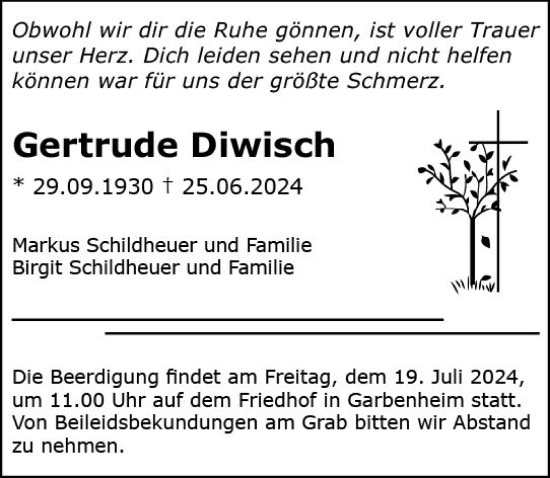Traueranzeige von Gertrude Diwisch von Wetzlarer Neue Zeitung