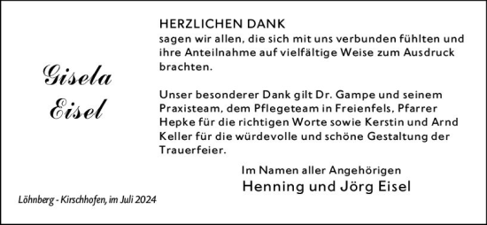 Traueranzeige von Gisela Eisel von Weilburger Tageblatt