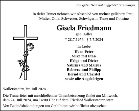 Traueranzeige von Gisela Friedmann von Groß-Gerauer Echo
