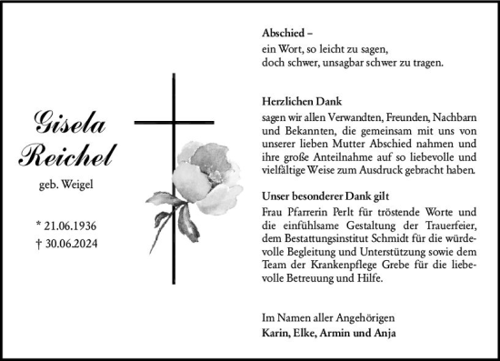 Traueranzeige von Gisela Reichel von Hinterländer Anzeiger