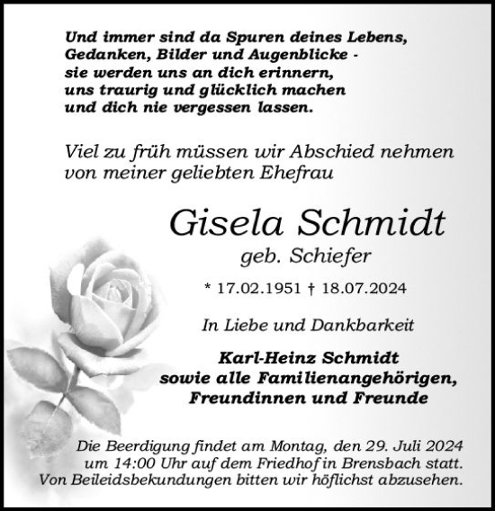 Traueranzeige von Gisela Schmidt von Odenwälder Echo