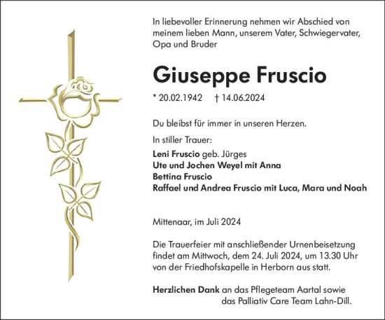 Traueranzeige von Giuseppe Fruscio von Dill Block