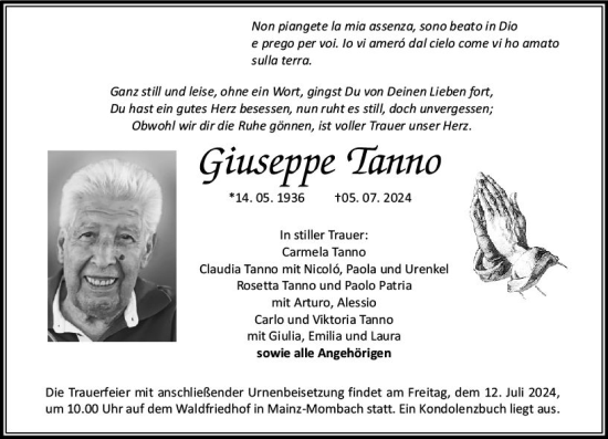 Traueranzeige von Giuseppe Tanno von Allgemeine Zeitung Mainz