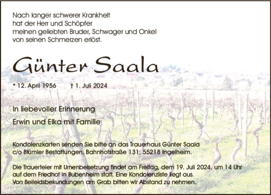 Traueranzeige von Günter Saala von Allgemeine Zeitung Rheinhessen-Nahe