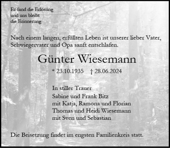 Traueranzeige von Günter Wiesemann von Allgemeine Zeitung Mainz